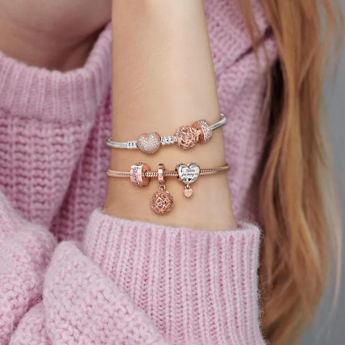 1 Bracelet2 Charms 99 Women Pandora Hearts All Over Charm Rose Gold Plated