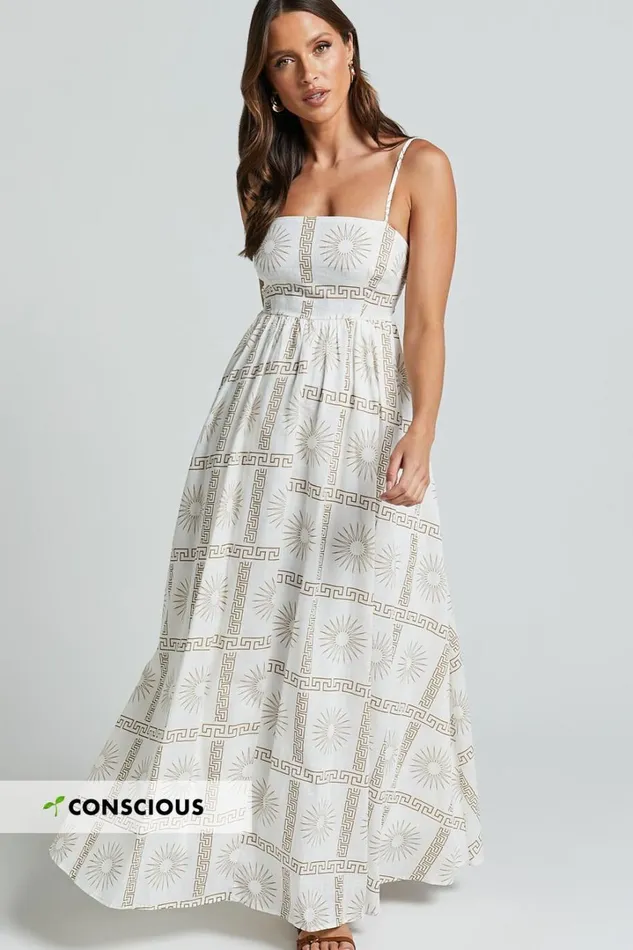Abbey Maxi Dress 8211 Strappy Straight Neck A Line Dress In White and Brown Sun Print Women Showpo Conscious