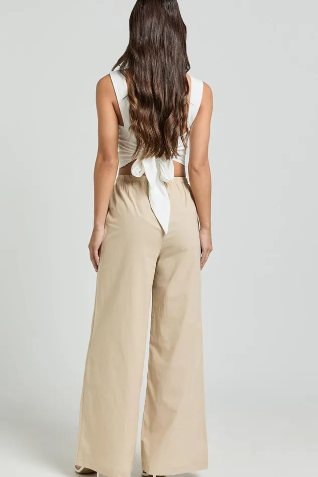Abbey Pants 8211 Wide Leg Drawstring Linen Look Pants In Natural Women Showpo Conscious