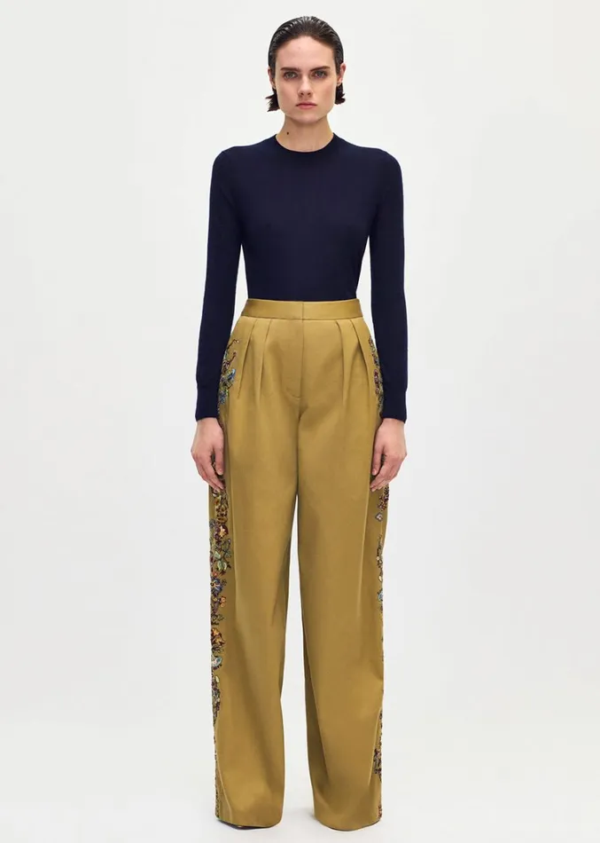 Adam Lippes Embroidered Nils Pant Khaki Multi Womens Pants