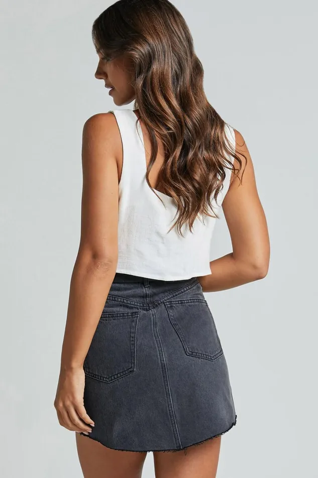 Adan Mini Skirt 8211 Recycled Cotton Frayed Hem Denim Skirt In Black Women Showpo Conscious