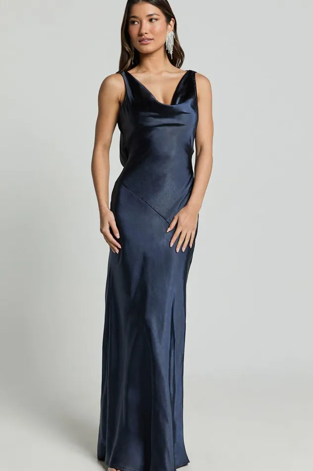 Adilah Maxi Dress 8211 Cowl Neck Satin Dress In Navy Women Showpo Dresses