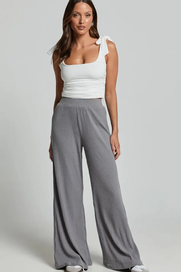 Adriana Pants 8211 Ribbed High Waist Wide Leg Pants In Slate Grey Women Showpo Curve Clothes
