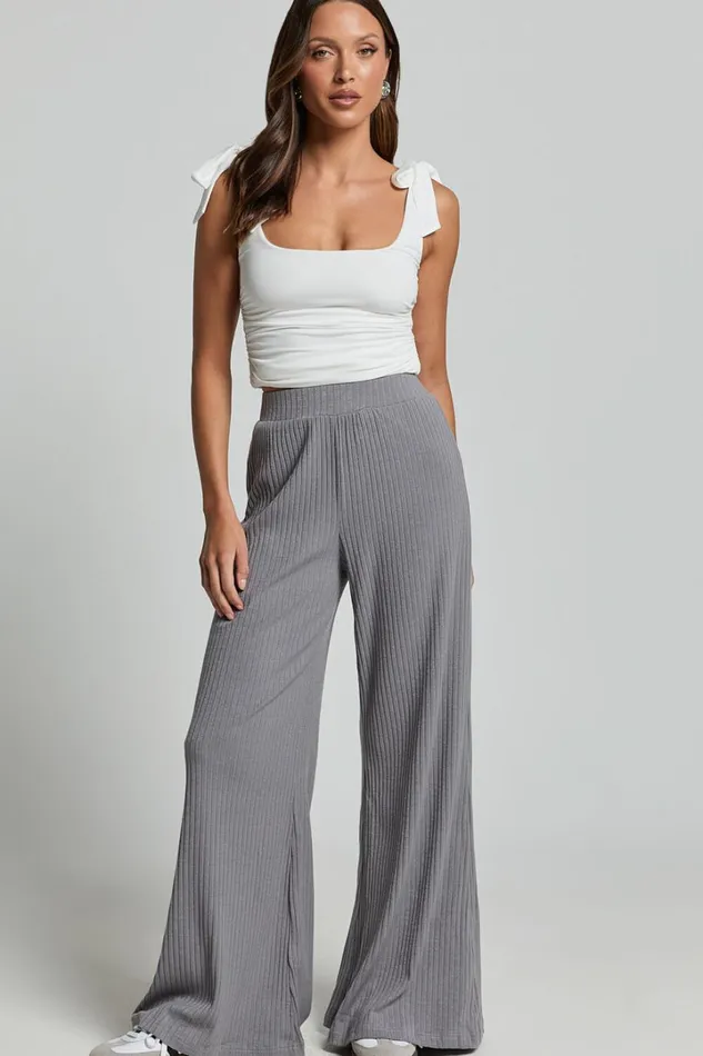 Adriana Pants 8211 Ribbed High Waist Wide Leg Pants In Slate Grey Women Showpo Curve Clothes