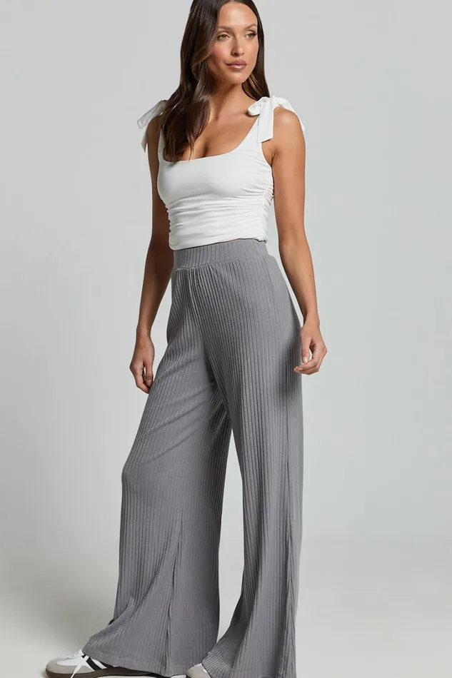 Adriana Pants 8211 Ribbed High Waist Wide Leg Pants In Slate Grey Women Showpo Curve Clothes