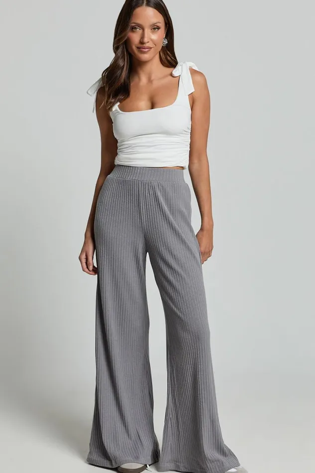 Adriana Pants 8211 Ribbed High Waist Wide Leg Pants In Slate Grey Women Showpo Curve Clothes