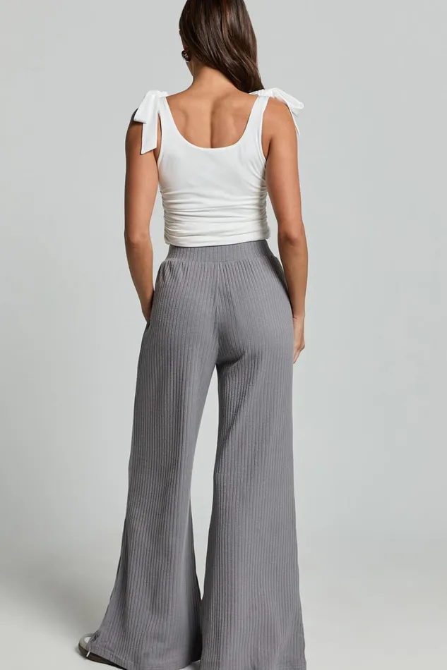 Adriana Pants 8211 Ribbed High Waist Wide Leg Pants In Slate Grey Women Showpo Curve Clothes