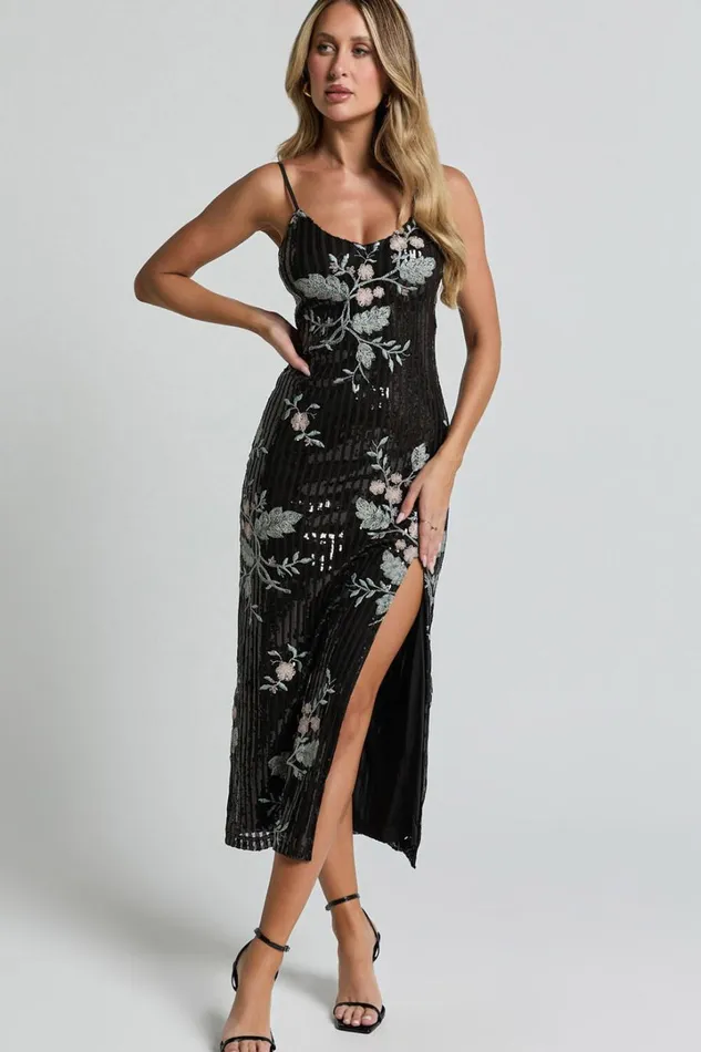 Adrienne Midi Dress 8211 Sequin Embroidered Slip Dress In Black Women Showpo Dresses