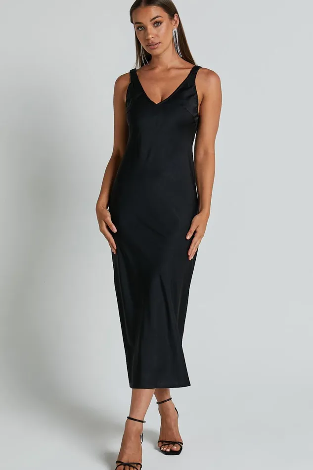 Agnia Midi Dress 8211 Plunge Neck Elasticated Back Strap Detail Satin Slip Dress In Black Women Showpo Dresses Agnia Midi Dress 8211 Plunge Neck Elasticated Back Strap Detail Satin Slip Dress In Black Women Showpo Dresses