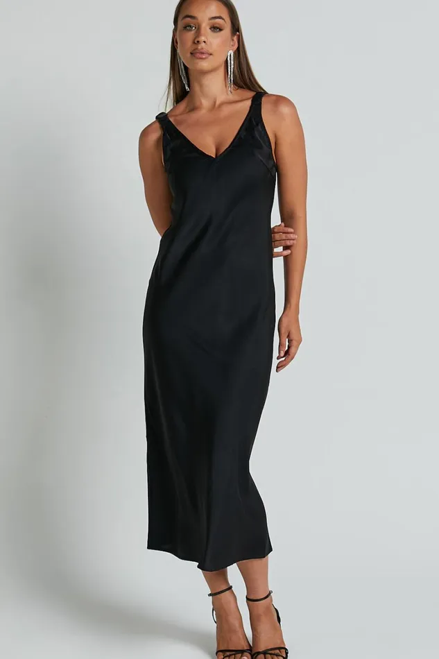 Agnia Midi Dress 8211 Plunge Neck Elasticated Back Strap Detail Satin Slip Dress In Black Women Showpo Dresses