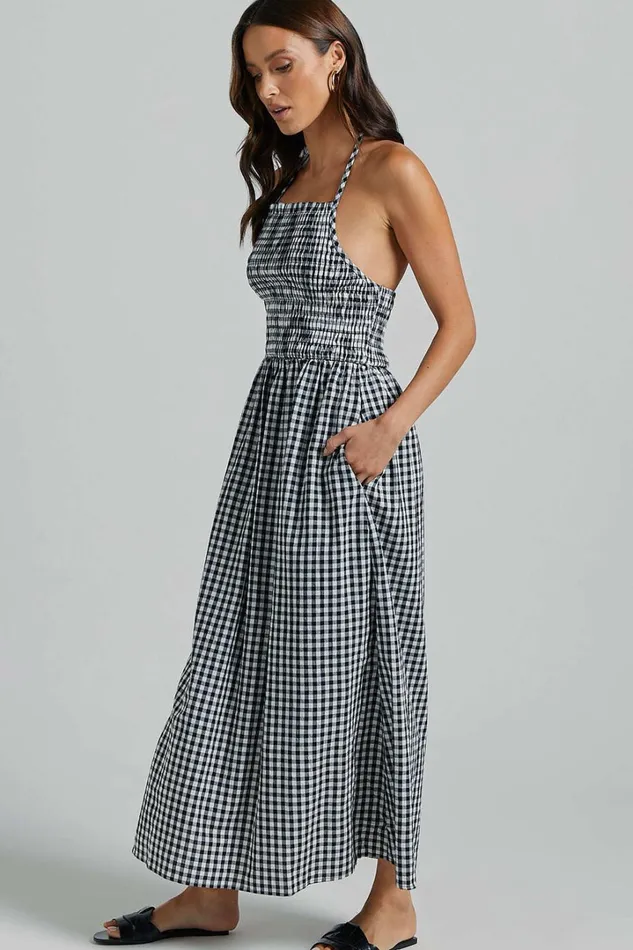 Aimie Midi Dress 8211 Strappy Halter Neck Shirred Top In White Check Women Showpo Curve Clothes