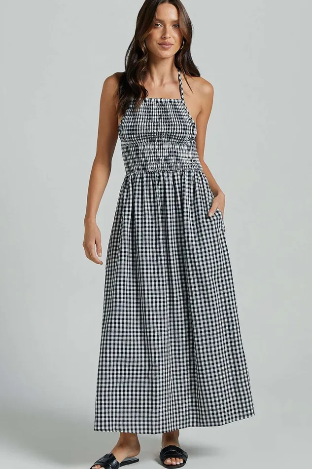 Aimie Midi Dress 8211 Strappy Halter Neck Shirred Top In White Check Women Showpo Curve Clothes