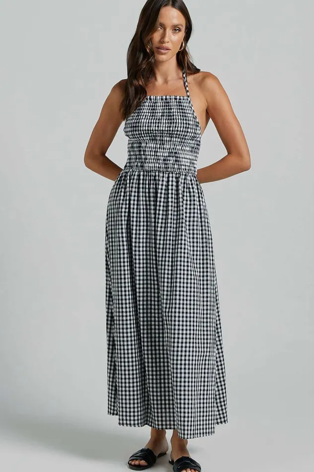 Aimie Midi Dress 8211 Strappy Halter Neck Shirred Top In White Check Women Showpo Curve Clothes