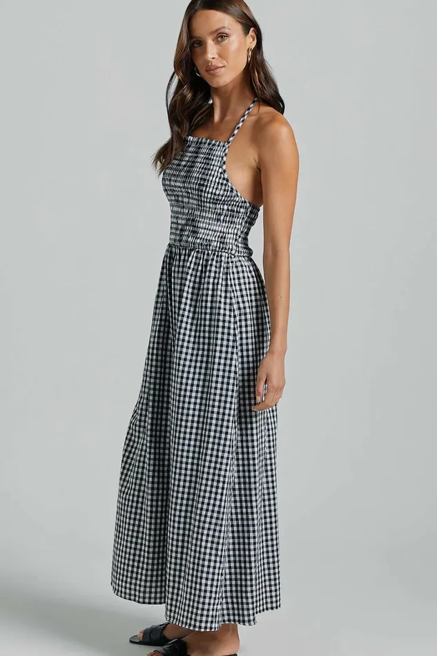 Aimie Midi Dress 8211 Strappy Halter Neck Shirred Top In White Check Women Showpo Curve Clothes