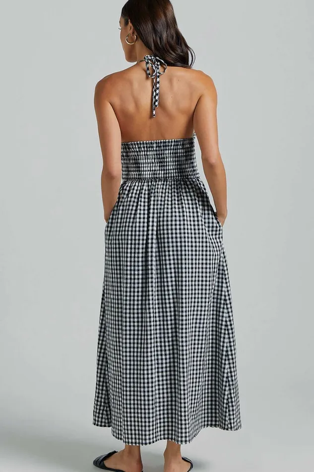 Aimie Midi Dress 8211 Strappy Halter Neck Shirred Top In White Check Women Showpo Curve Clothes