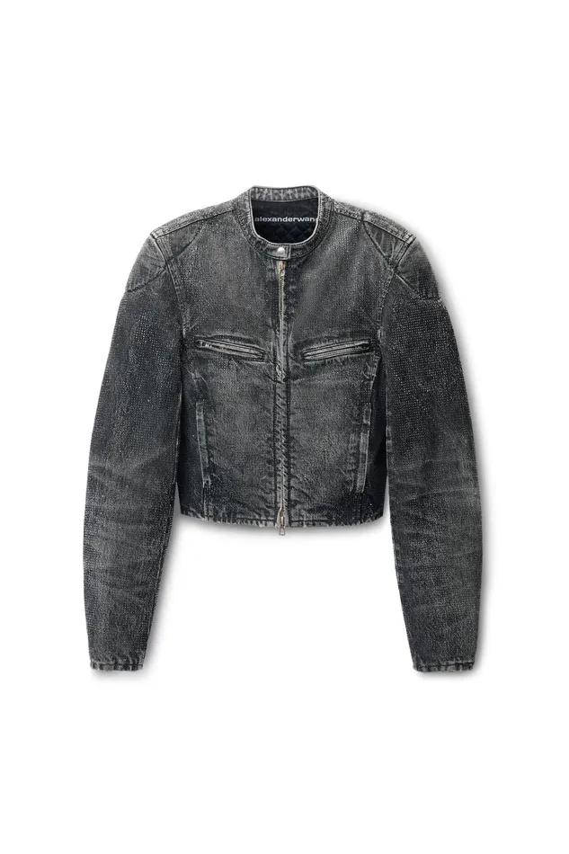 Alexander Wang Denim Clear Crystal Hotfix Moto Jacket In Crackle Grey Wash Denim 8211 Women