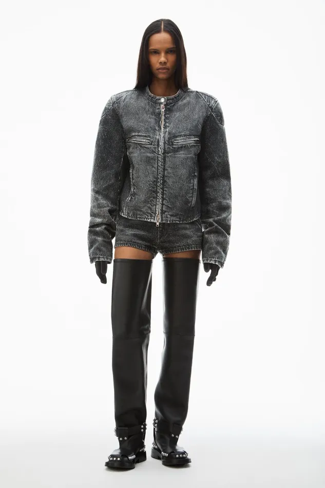 Alexander Wang Denim Clear Crystal Hotfix Moto Jacket In Crackle Grey Wash Denim 8211 Women