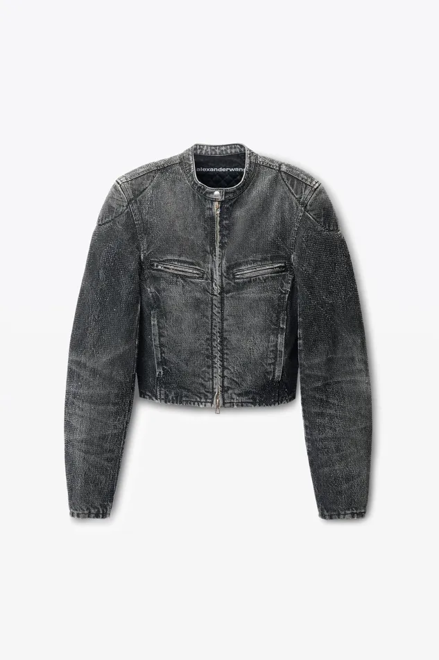 Alexander Wang Denim Clear Crystal Hotfix Moto Jacket In Crackle Grey Wash Denim 8211 Women
