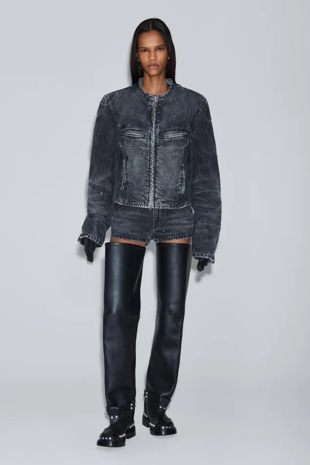 Alexander Wang Denim Clear Crystal Hotfix Moto Jacket In Crackle Grey Wash Denim 8211 Women