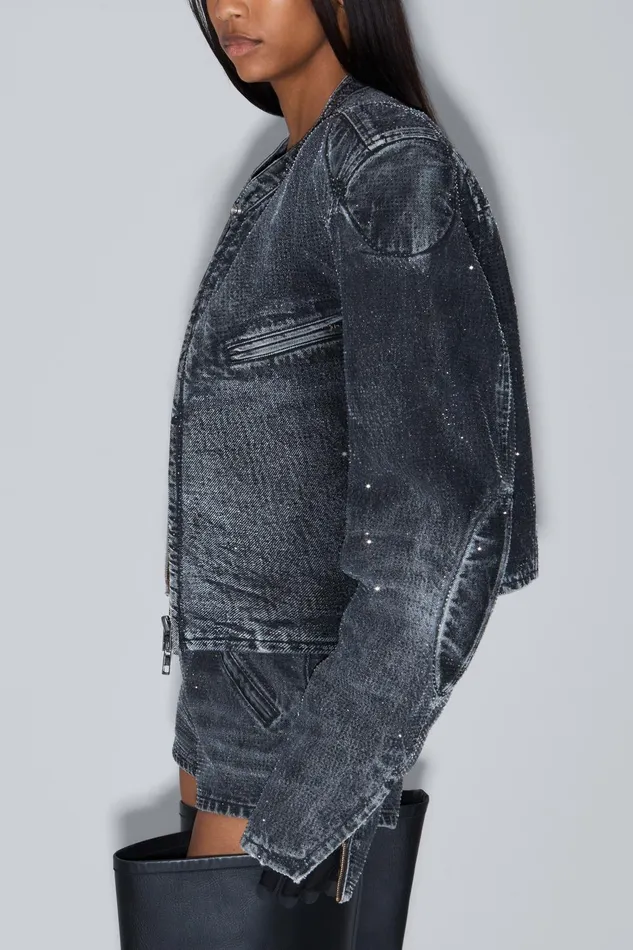 Alexander Wang Denim Clear Crystal Hotfix Moto Jacket In Crackle Grey Wash Denim 8211 Women