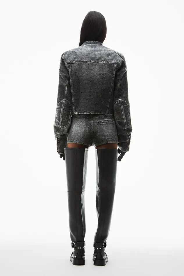Alexander Wang Denim Clear Crystal Hotfix Moto Jacket In Crackle Grey Wash Denim 8211 Women