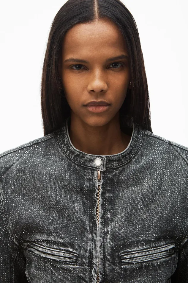 Alexander Wang Denim Clear Crystal Hotfix Moto Jacket In Crackle Grey Wash Denim 8211 Women