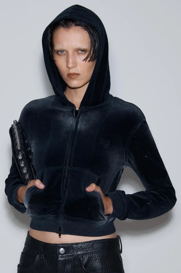 Alexander Wang Sweatshirts Hoodie With Clear Bead Hotfix In Crushed Velour 8211 Women