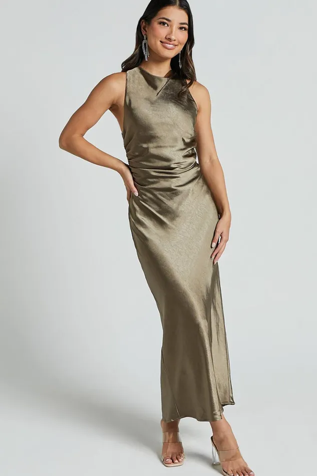 Aluna Midi Dress 8211 High Neck Cross Back Satin Slip Dress In Olive Women Showpo Dresses Aluna Midi Dress 8211 High Neck Cross Back Satin Slip Dress In Olive Women Showpo Dresses