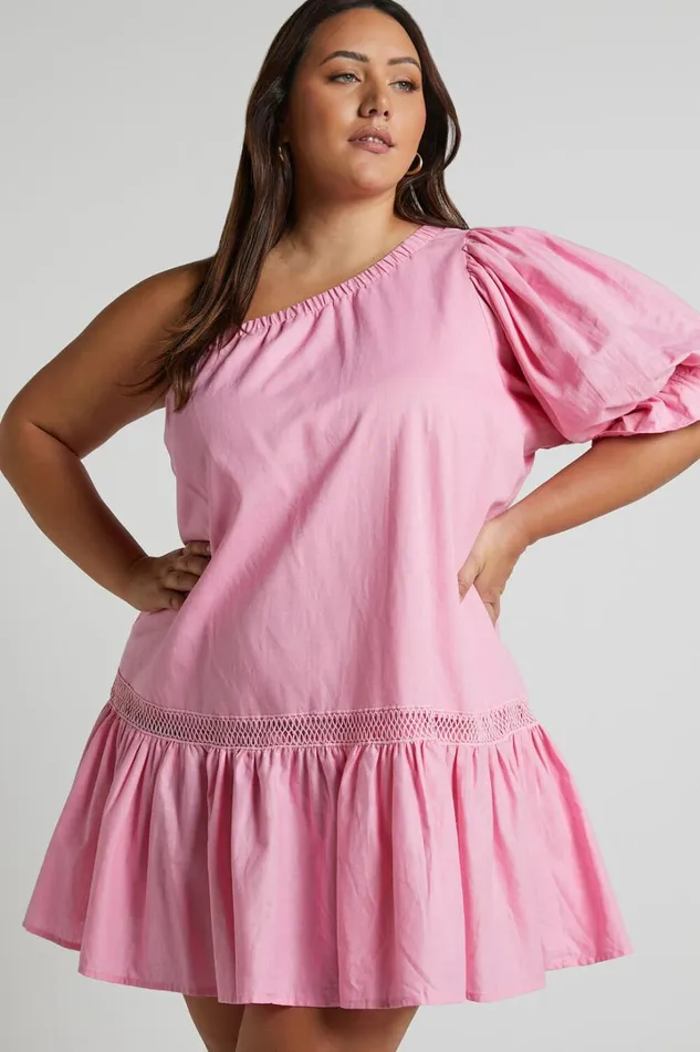 Amalie The Label 8211 Aimi Linen Blend One Shoulder Puff Sleeve Mini Dress In Pink Women Showpo Dresses