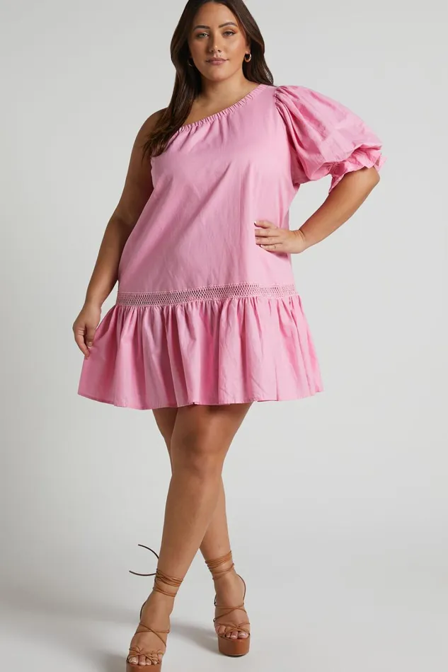 Amalie The Label 8211 Aimi Linen Blend One Shoulder Puff Sleeve Mini Dress In Pink Women Showpo Dresses