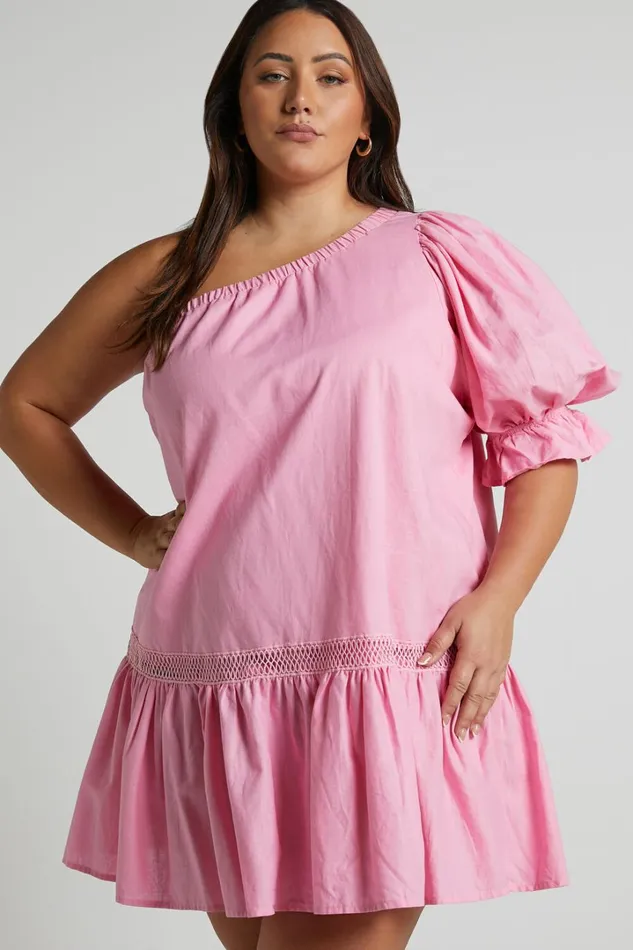 Amalie The Label 8211 Aimi Linen Blend One Shoulder Puff Sleeve Mini Dress In Pink Women Showpo Dresses