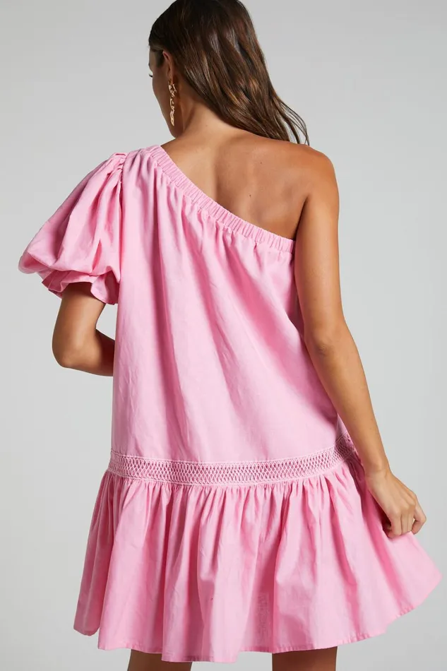 Amalie The Label 8211 Aimi Linen Blend One Shoulder Puff Sleeve Mini Dress In Pink Women Showpo Dresses
