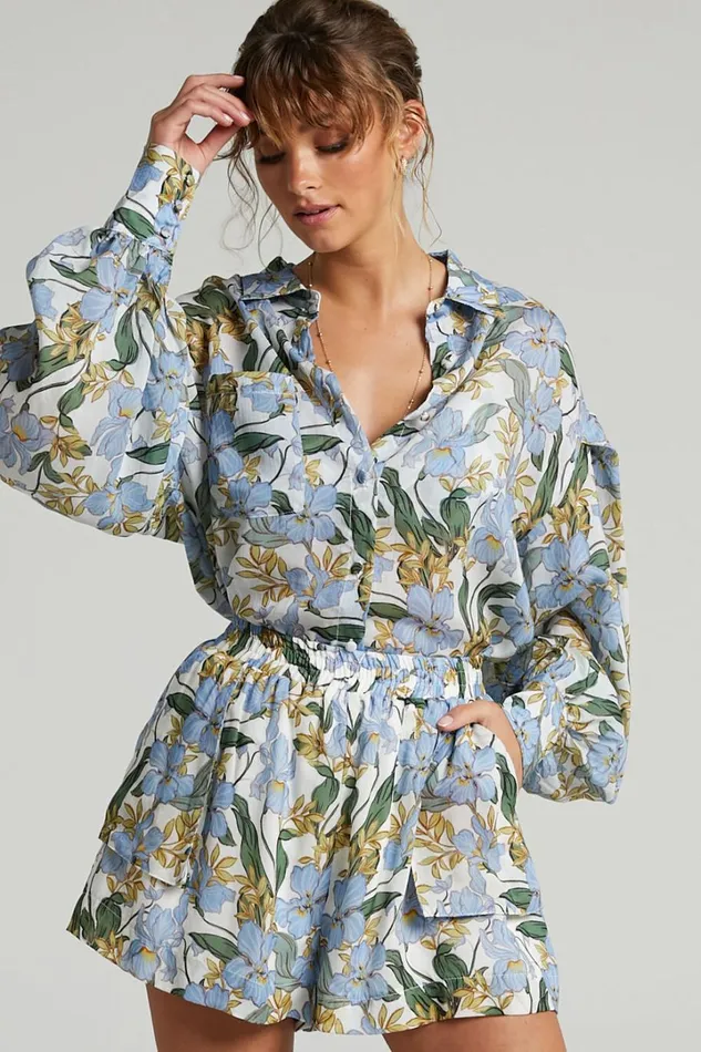 Amalie The Label 8211 Azariah Balloon Sleeve Button Up Shirt In Iris Floral Women Showpo Curve Clothes