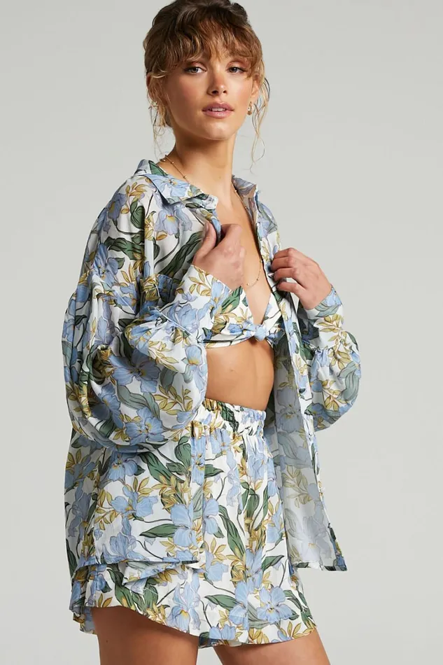 Amalie The Label 8211 Azariah Balloon Sleeve Button Up Shirt In Iris Floral Women Showpo Curve Clothes