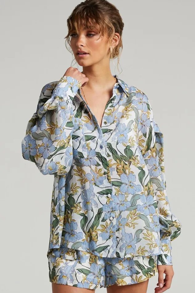 Amalie The Label 8211 Azariah Balloon Sleeve Button Up Shirt In Iris Floral Women Showpo Curve Clothes