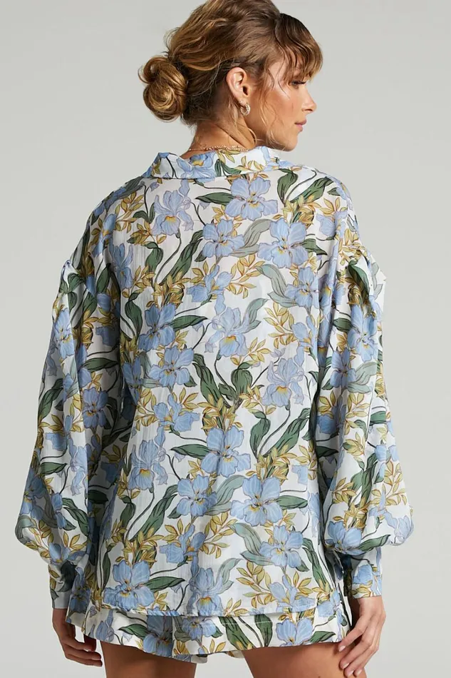 Amalie The Label 8211 Azariah Balloon Sleeve Button Up Shirt In Iris Floral Women Showpo Curve Clothes