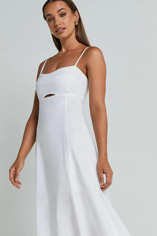 Amalie The Label 8211 Carietta Linen Blend Strappy Sweetheart Cut Out A Line Midi Dress In White Women Showpo Curve Clothes