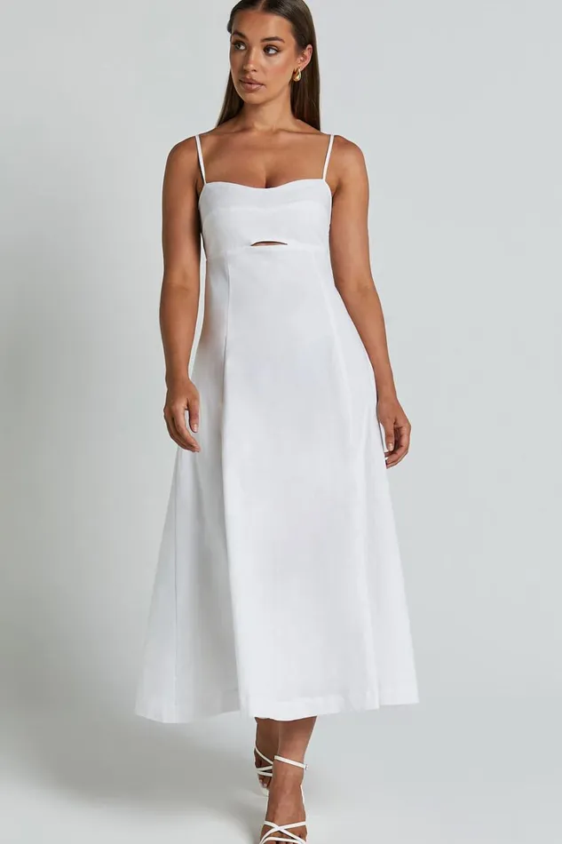 Amalie The Label 8211 Carietta Linen Blend Strappy Sweetheart Cut Out A Line Midi Dress In White Women Showpo Curve Clothes