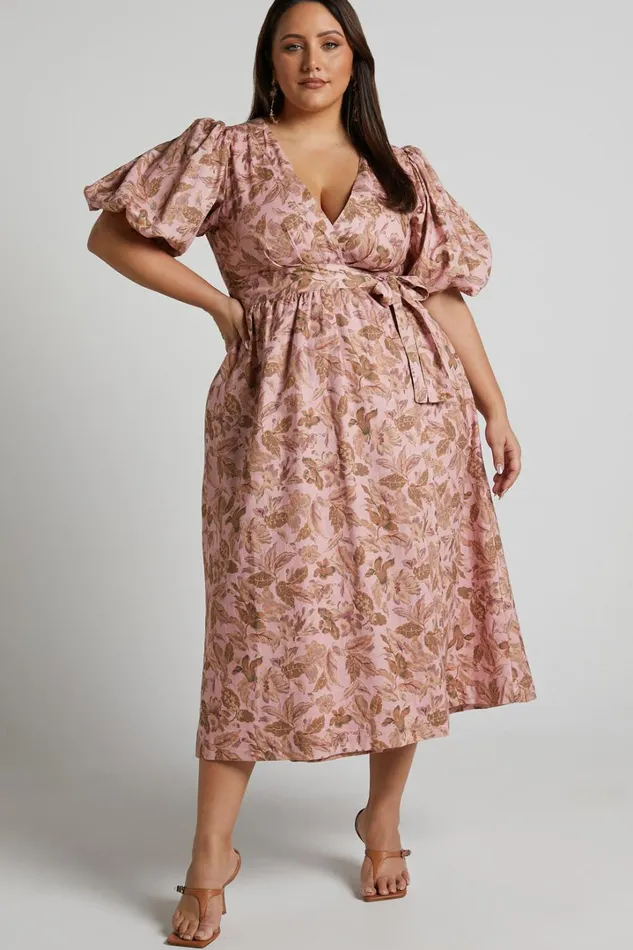Amalie The Label 8211 Franc Linen Puff Sleeve Wrap Midi Dress In Vahala Print Women Showpo Curve Clothes