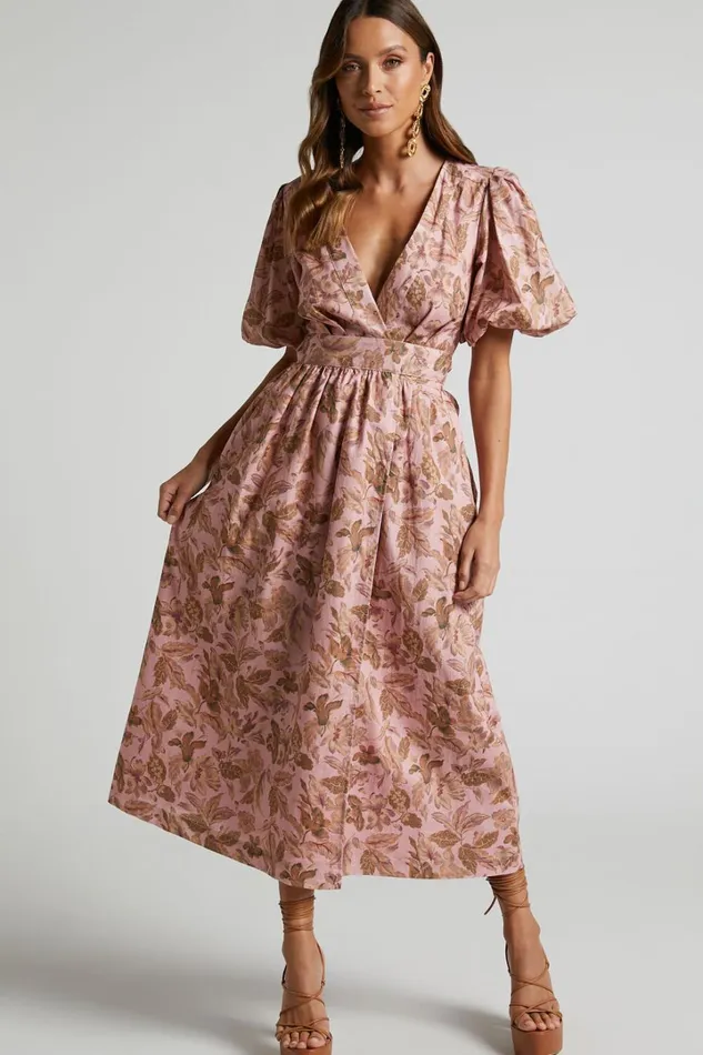 Amalie The Label 8211 Franc Linen Puff Sleeve Wrap Midi Dress In Vahala Print Women Showpo Curve Clothes