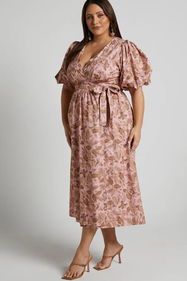 Amalie The Label 8211 Franc Linen Puff Sleeve Wrap Midi Dress In Vahala Print Women Showpo Curve Clothes