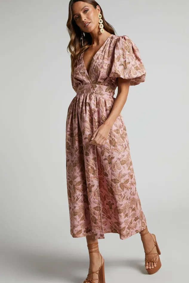 Amalie The Label 8211 Franc Linen Puff Sleeve Wrap Midi Dress In Vahala Print Women Showpo Curve Clothes