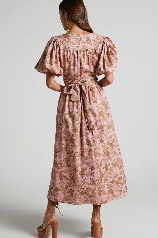 Amalie The Label 8211 Franc Linen Puff Sleeve Wrap Midi Dress In Vahala Print Women Showpo Curve Clothes