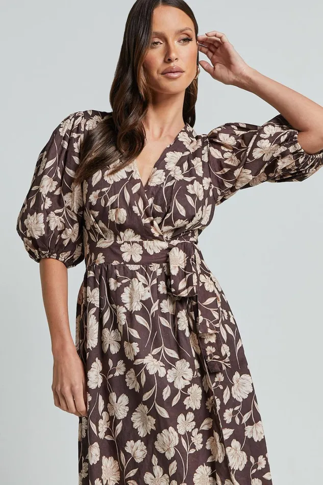 Amalie The Label 8211 Francie Linen Blend Puff Sleeve Wrap Midi Dress In Sahara Print Women Showpo Curve Clothes