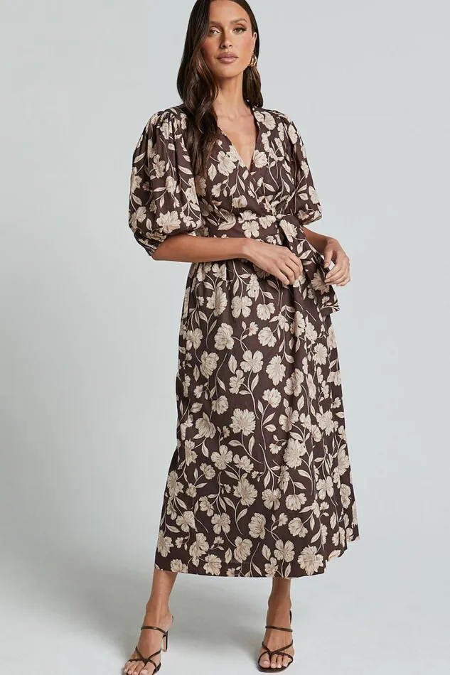 Amalie The Label 8211 Francie Linen Blend Puff Sleeve Wrap Midi Dress In Sahara Print Women Showpo Curve Clothes