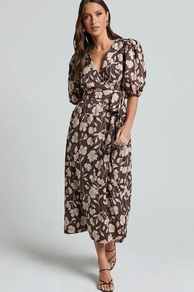 Amalie The Label 8211 Francie Linen Blend Puff Sleeve Wrap Midi Dress In Sahara Print Women Showpo Curve Clothes