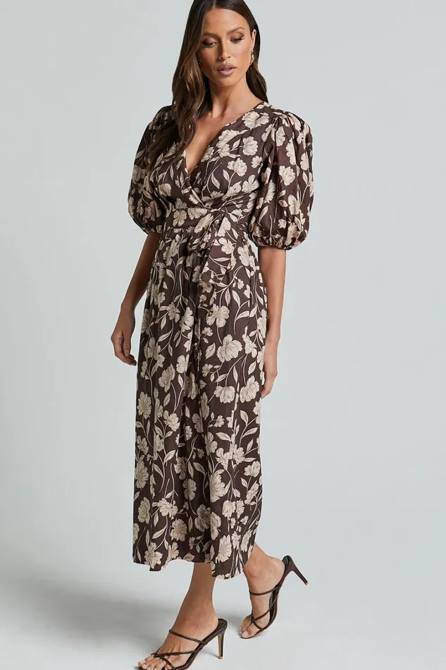 Amalie The Label 8211 Francie Linen Blend Puff Sleeve Wrap Midi Dress In Sahara Print Women Showpo Curve Clothes
