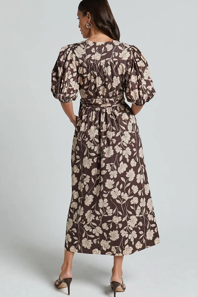 Amalie The Label 8211 Francie Linen Blend Puff Sleeve Wrap Midi Dress In Sahara Print Women Showpo Curve Clothes