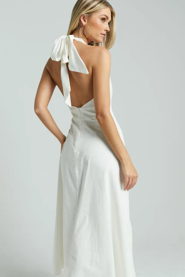 Amalie The Label 8211 Freesia Linen Blend Halter Tie Neck Midi Dress In White Women Showpo Dresses