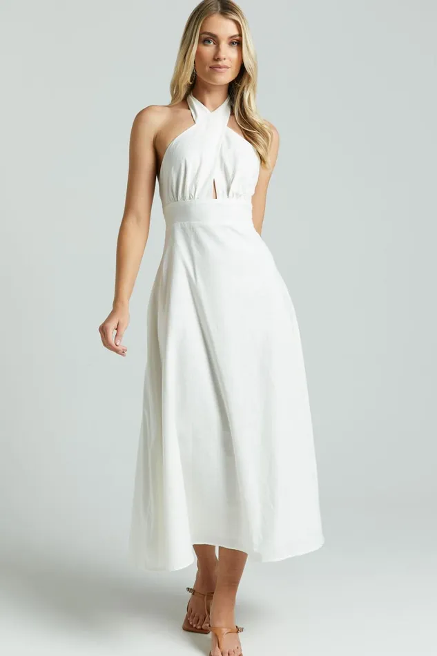 Amalie The Label 8211 Freesia Linen Blend Halter Tie Neck Midi Dress In White Women Showpo Dresses